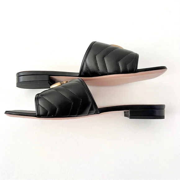 GUCCI | Marmont GG Jolie Matelasse Quilted Black Leather Low Heel Slides Sandals - Picture 6 of 14
